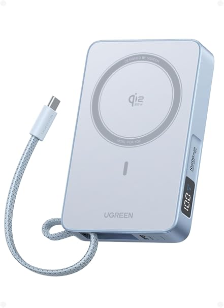 UGREEN Nexode 10000mAh Qi2 25W Magnetic Power Bank with Built-In USB-C Cable