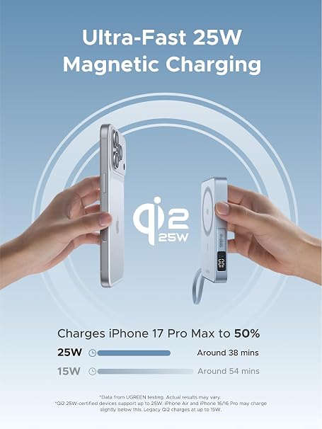 UGREEN Nexode 10000mAh Qi2 25W Magnetic Power Bank with Built-In USB-C Cable - view 2